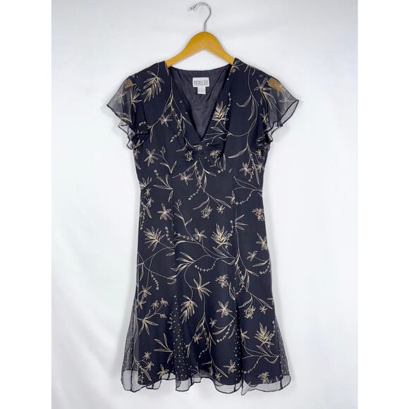 Robbie Lee Women's Vintage 90s Whimsy Floral Silk Mini Dress Size 6 Black - Picture 2 of 15